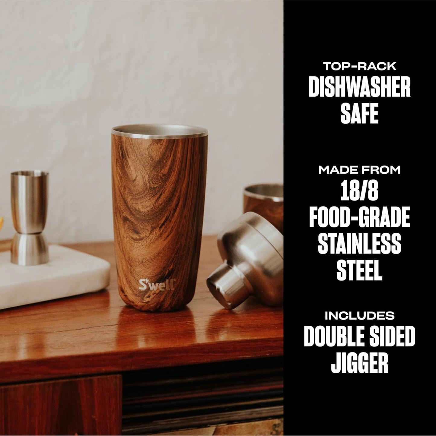Stainless Steel Shaker Set with Jigger, 18Oz, Teakwood, Triple Layered Vacuum Insulated Container Keeps Cocktails Colder for Longer, BPA Free Barware