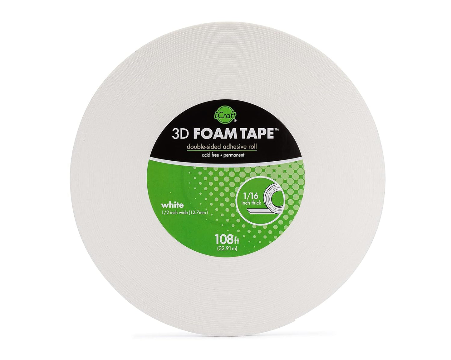 5607 3D Foam Tape Jumbo Rolls, 1/16 Inch 108 Feet, White