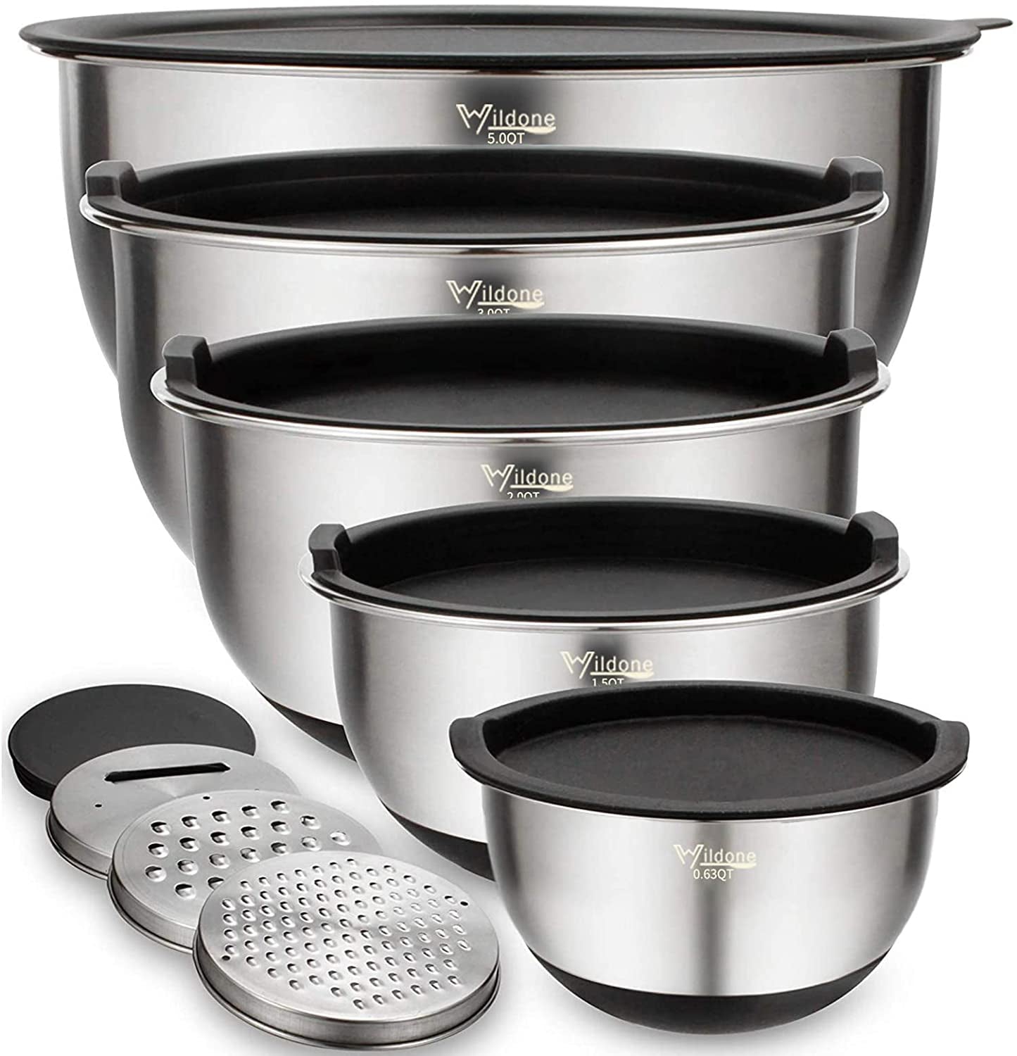 Mixing Bowls with Airtight Lids Set, 5PCS Stainless Steel Nesting Bowls for Kitchen, with Grater Attachments & Non-Slip Bottoms, Size 5, 3, 2, 1.5, 0.63 QT, Great for Mixing & Serving