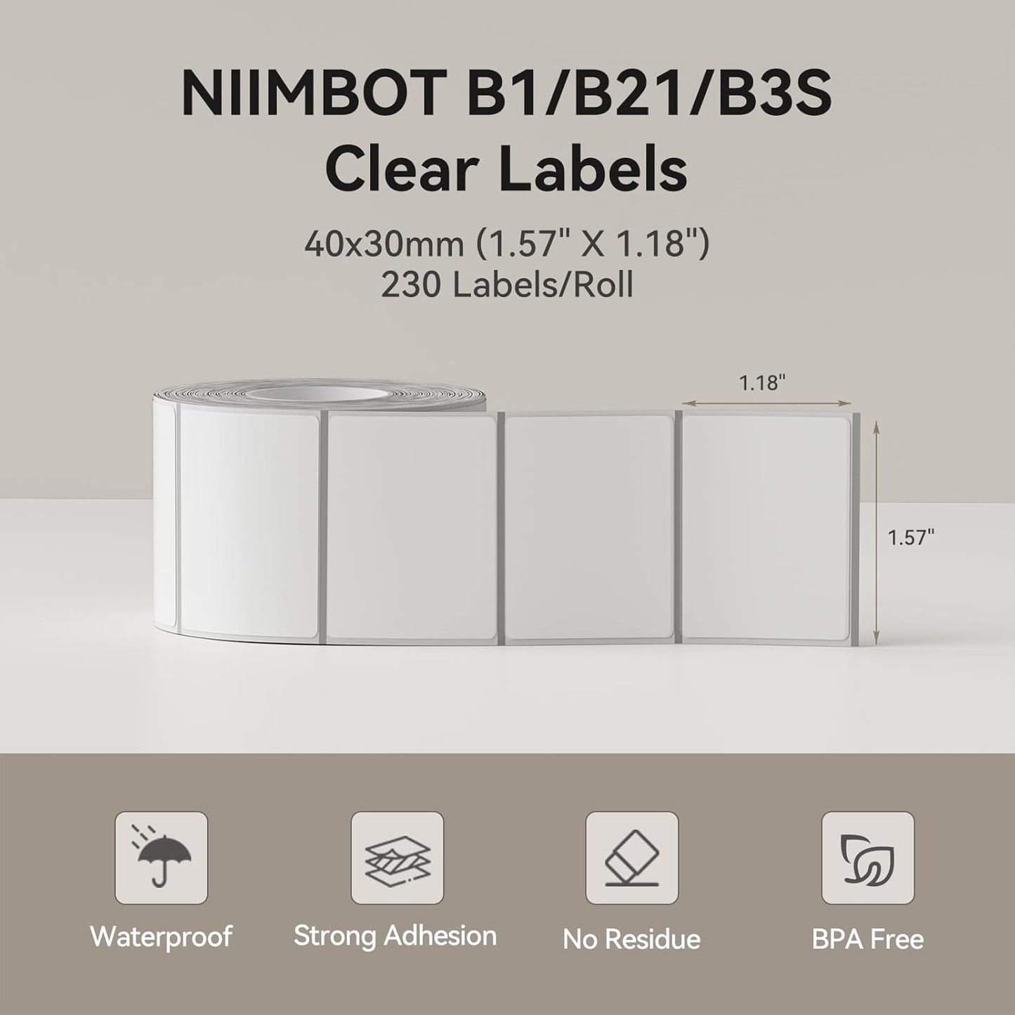 Clear Label Tape for B1/B21/B3S, 1.57" X 1.18" (40X30Mm), 230 Labels/Roll, Thermal Label Sticker for Mason Jar/Spice/Barcode/Qr Code/Address/Small Business