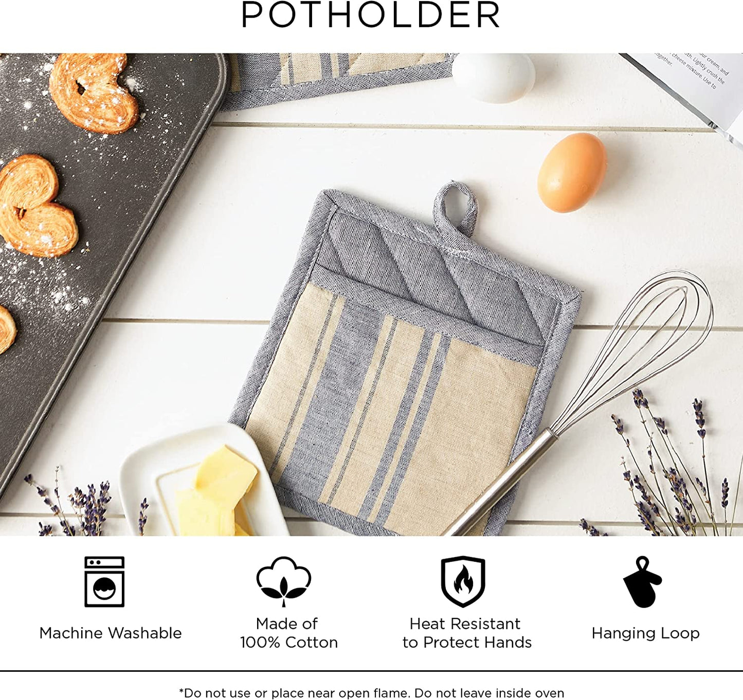 100% Cotton Solid Chambray Kitchen Set, Potholders, Stone, 2 Piece
