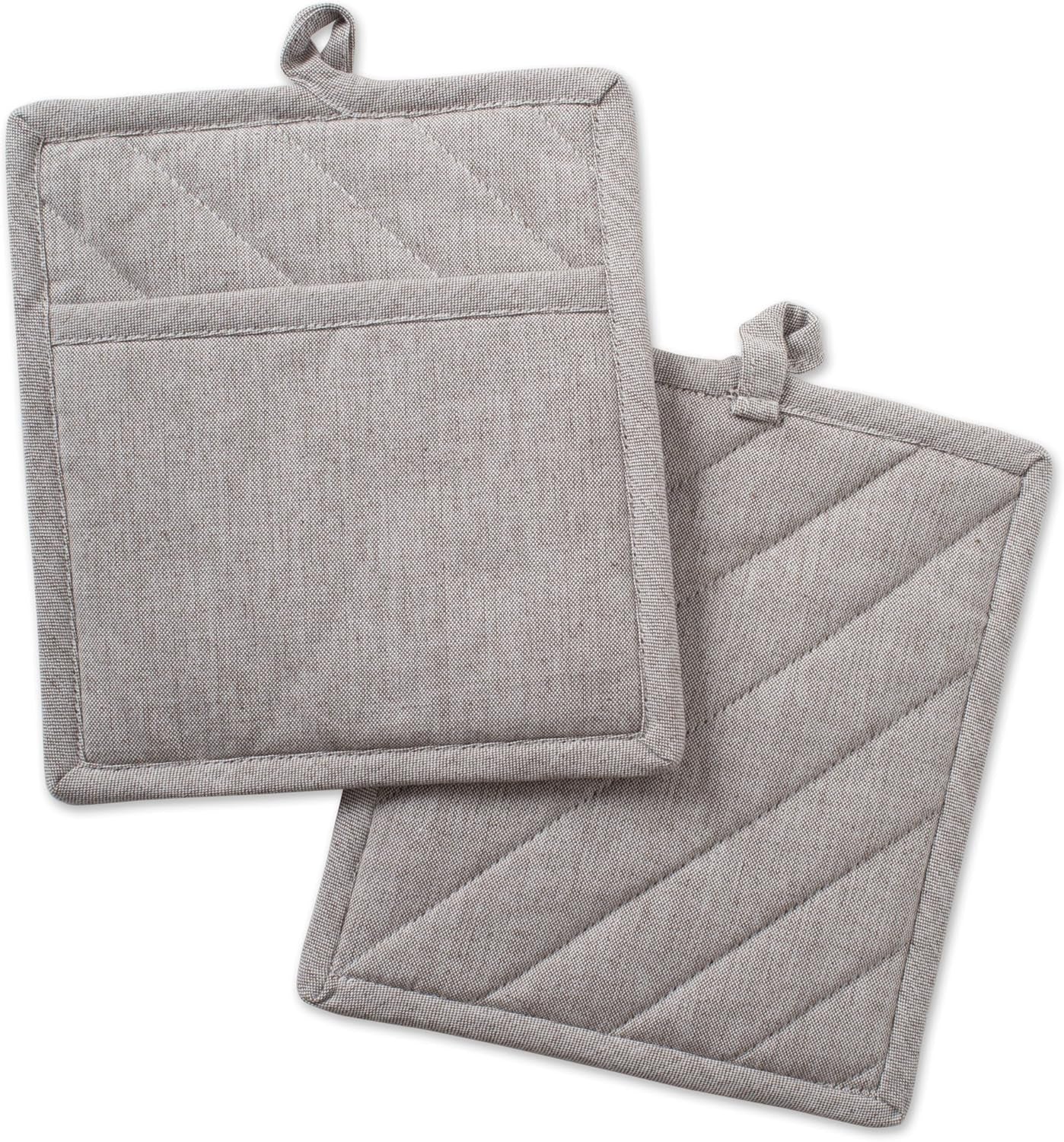 100% Cotton Solid Chambray Kitchen Set, Potholders, Stone, 2 Piece