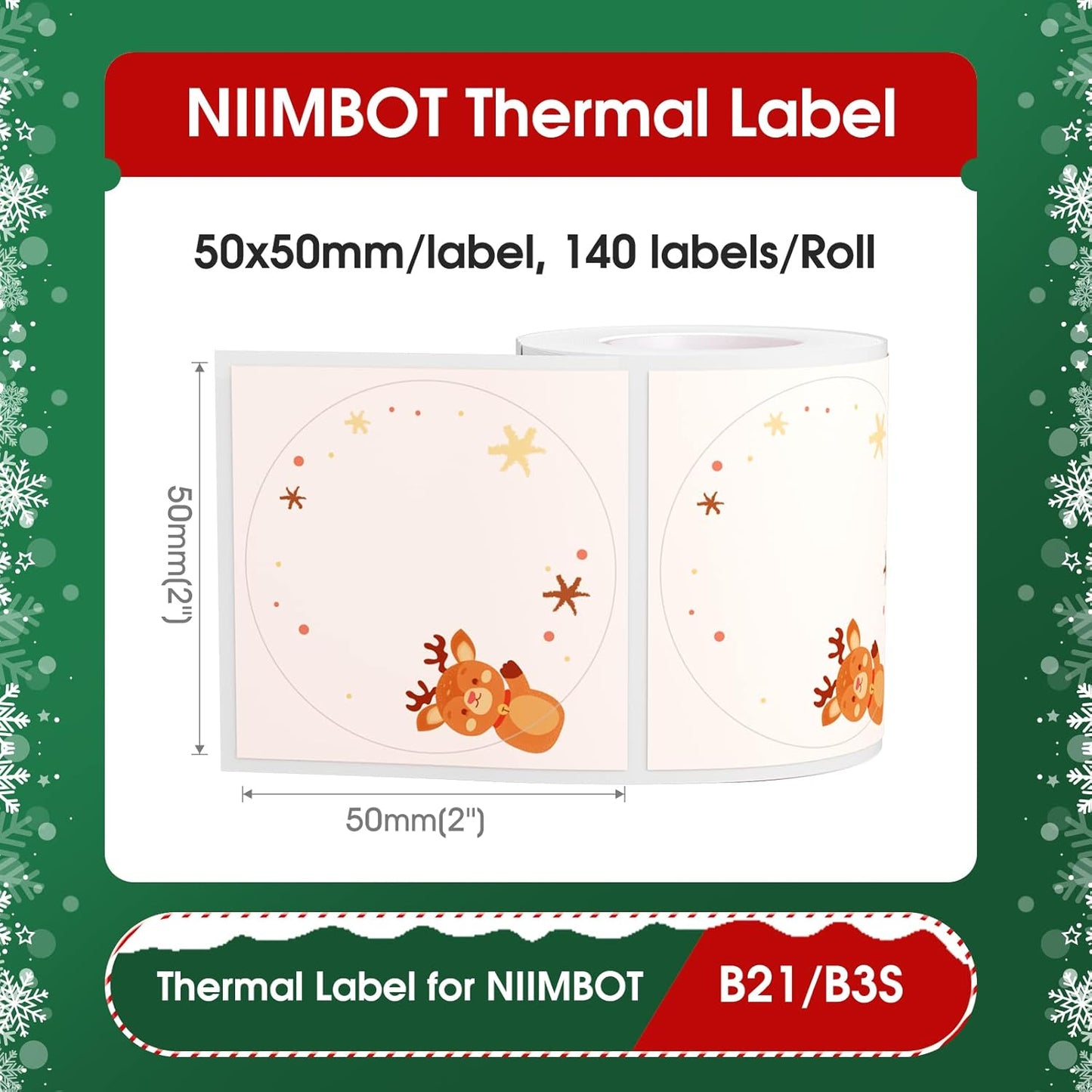B21 Christmas Labels B1 round Label Tape Christmas Label Maker Tape for Christmas Gift/Party/Mailing, 1.97" X 1.97" (50X50 Mm) 140 Labels/Roll, round Christmas Label Maker Tape