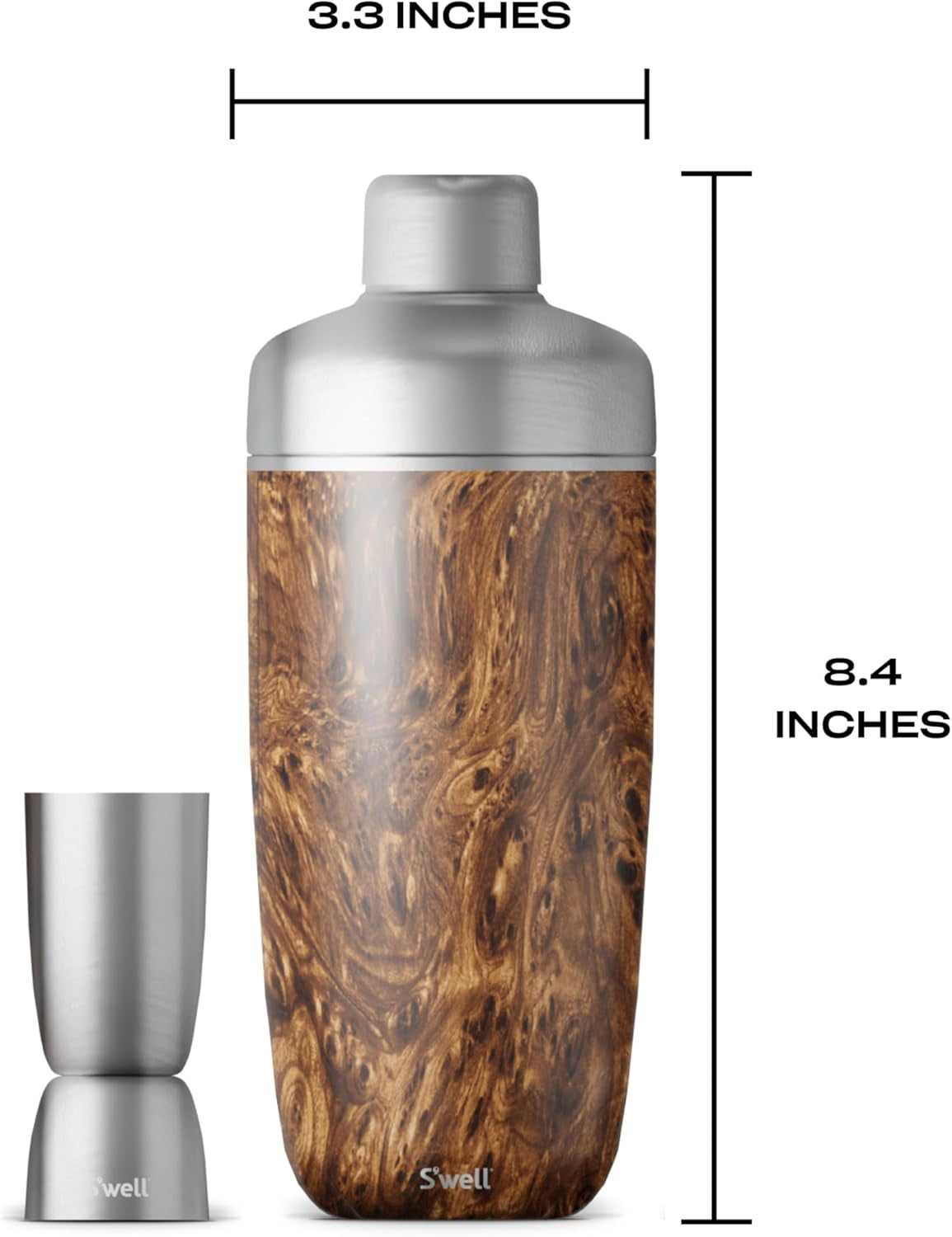 Stainless Steel Shaker Set with Jigger, 18Oz, Teakwood, Triple Layered Vacuum Insulated Container Keeps Cocktails Colder for Longer, BPA Free Barware