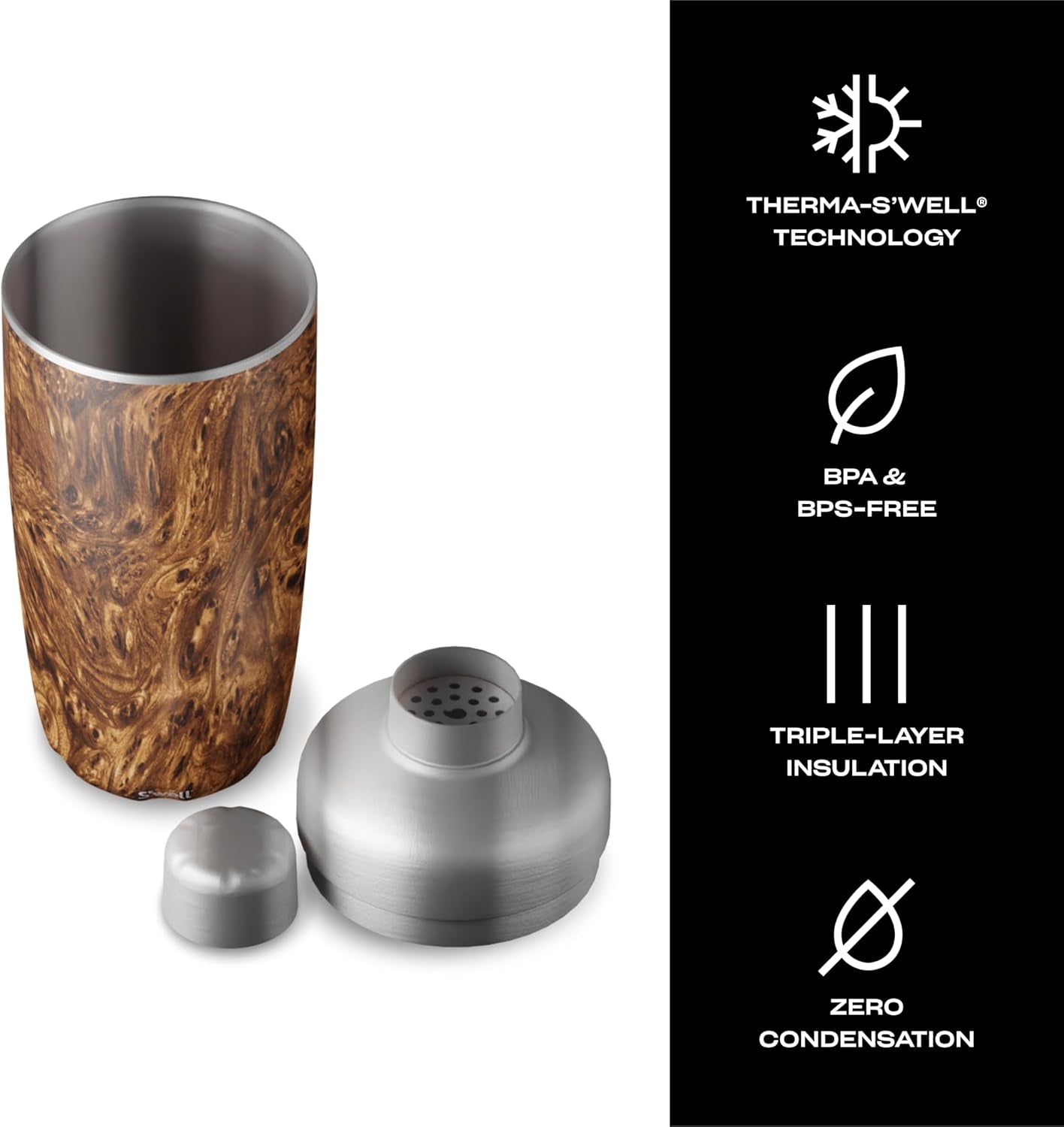 Stainless Steel Shaker Set with Jigger, 18Oz, Teakwood, Triple Layered Vacuum Insulated Container Keeps Cocktails Colder for Longer, BPA Free Barware