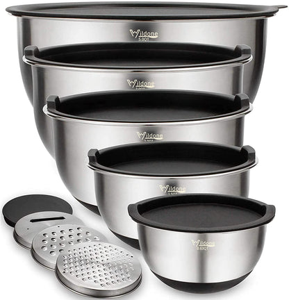 Mixing Bowls with Airtight Lids Set, 5PCS Stainless Steel Nesting Bowls for Kitchen, with Grater Attachments & Non-Slip Bottoms, Size 5, 3, 2, 1.5, 0.63 QT, Great for Mixing & Serving