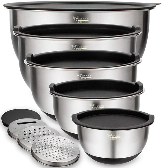 Mixing Bowls with Airtight Lids Set, 5PCS Stainless Steel Nesting Bowls for Kitchen, with Grater Attachments & Non-Slip Bottoms, Size 5, 3, 2, 1.5, 0.63 QT, Great for Mixing & Serving