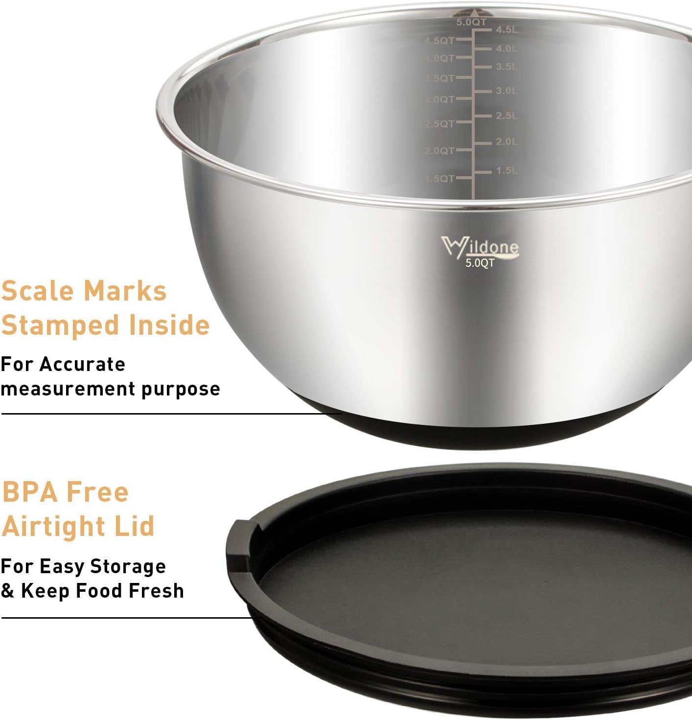 Mixing Bowls with Airtight Lids Set, 5PCS Stainless Steel Nesting Bowls for Kitchen, with Grater Attachments & Non-Slip Bottoms, Size 5, 3, 2, 1.5, 0.63 QT, Great for Mixing & Serving