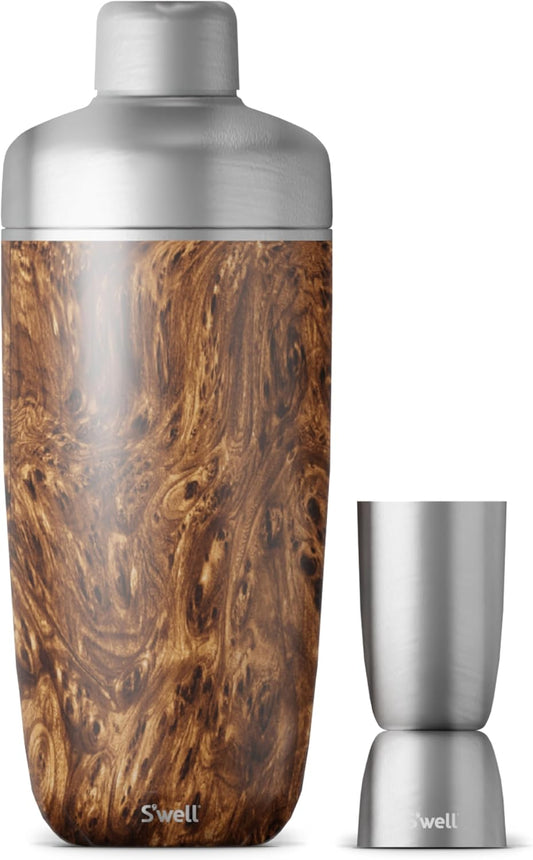 Stainless Steel Shaker Set with Jigger, 18Oz, Teakwood, Triple Layered Vacuum Insulated Container Keeps Cocktails Colder for Longer, BPA Free Barware