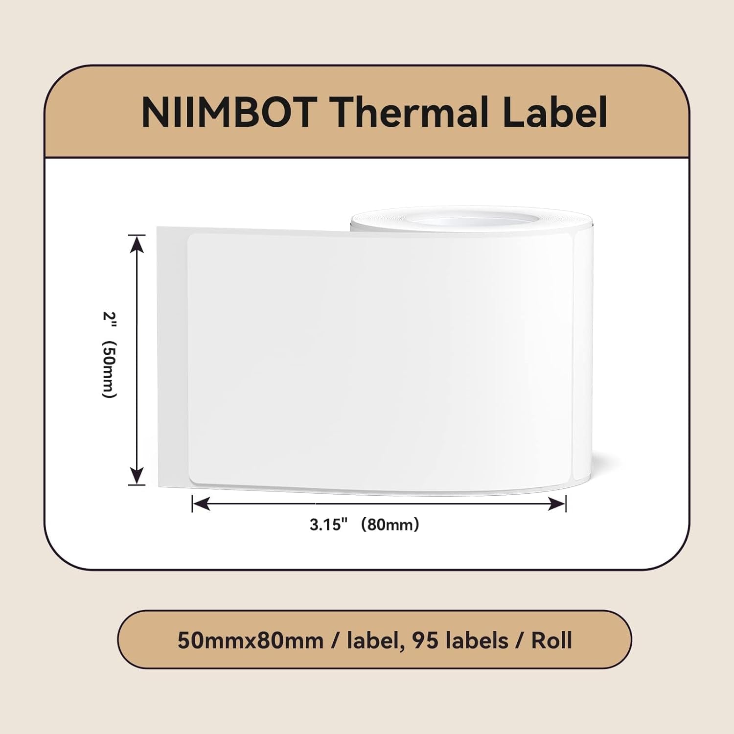 Labels for B21/B1/B3S/K3 Label Printer, Thermal Stickers 2'' X 3.15''(50X80Mm), Waterproof, Oil-Proof Label Tape, 1 Roll of 95 White Sticker Labels
