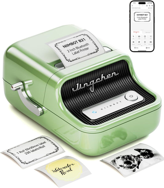 B21 Label Maker Inkless Bluetooth Label Printer, 2 Inch Portable Thermal Sticker Machine for Small Business, Address, Logo, Clothing, Mailing, Candles, Jewelry, Sticker Printer for Gift, Green