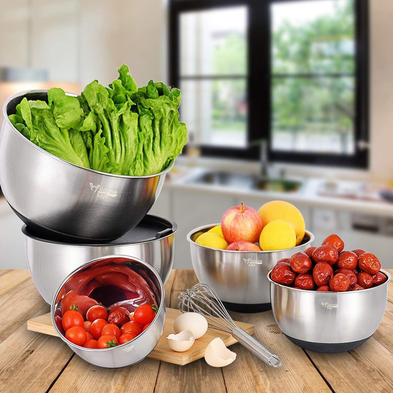 Mixing Bowls with Airtight Lids Set, 5PCS Stainless Steel Nesting Bowls for Kitchen, with Grater Attachments & Non-Slip Bottoms, Size 5, 3, 2, 1.5, 0.63 QT, Great for Mixing & Serving