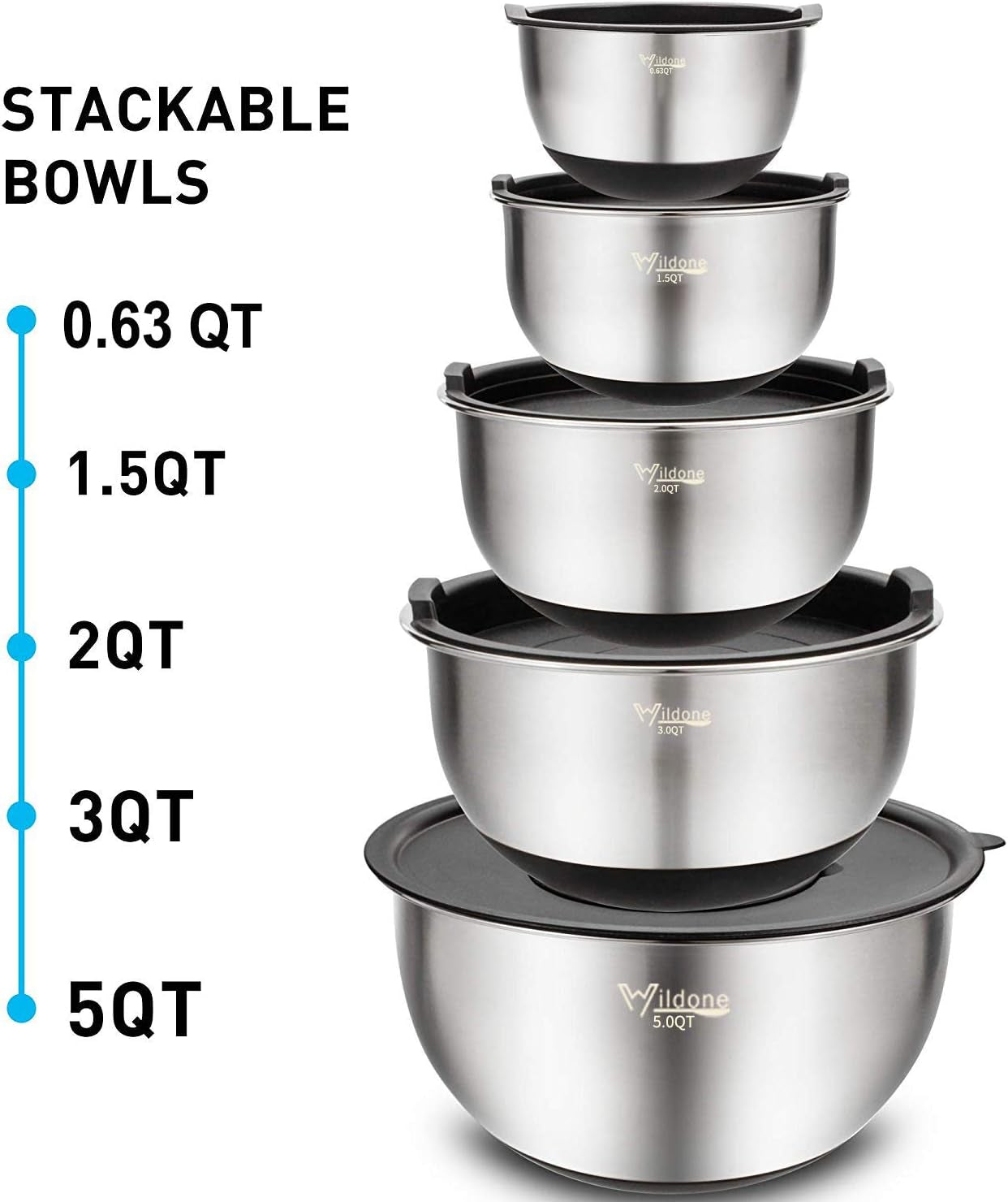 Mixing Bowls with Airtight Lids Set, 5PCS Stainless Steel Nesting Bowls for Kitchen, with Grater Attachments & Non-Slip Bottoms, Size 5, 3, 2, 1.5, 0.63 QT, Great for Mixing & Serving