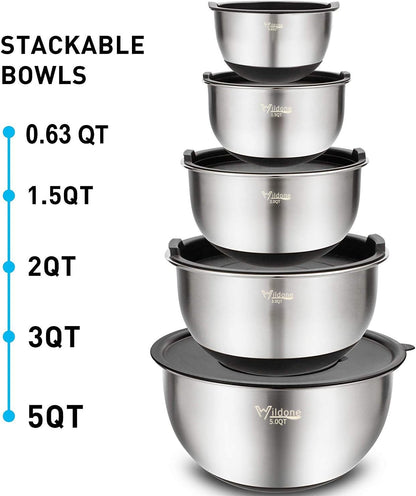 Mixing Bowls with Airtight Lids Set, 5PCS Stainless Steel Nesting Bowls for Kitchen, with Grater Attachments & Non-Slip Bottoms, Size 5, 3, 2, 1.5, 0.63 QT, Great for Mixing & Serving