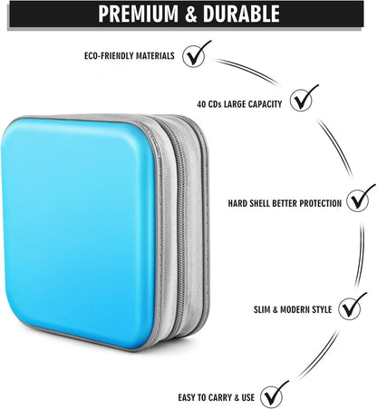 CD Case, Dvds Wallet Holder, CD/DVD Case Wallet 40 Discs Heavy Duty Bag Binder Storage Booklet Album (Sky Blue)