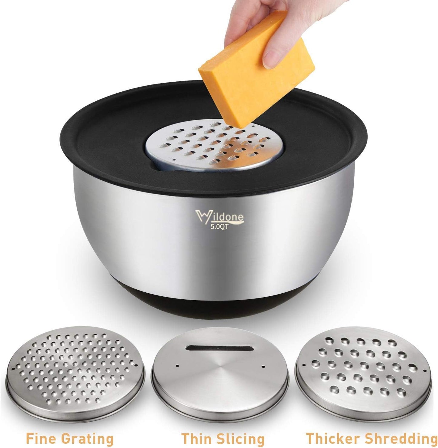 Mixing Bowls with Airtight Lids Set, 5PCS Stainless Steel Nesting Bowls for Kitchen, with Grater Attachments & Non-Slip Bottoms, Size 5, 3, 2, 1.5, 0.63 QT, Great for Mixing & Serving
