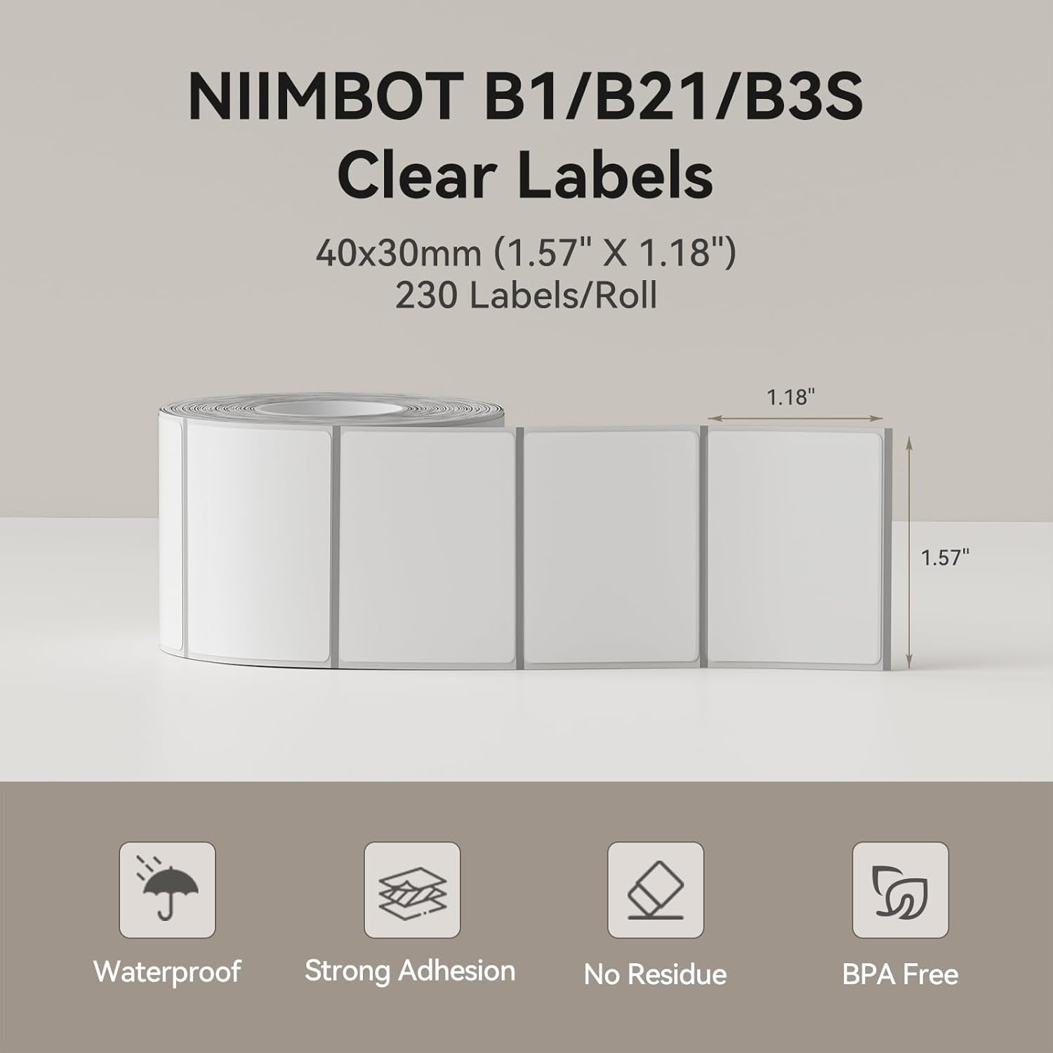 Clear Label Tape for B1/B21/B3S, 1.57" X 1.18" (40X30Mm), 230 Labels/Roll, Thermal Label Sticker for Mason Jar/Spice/Barcode/Qr Code/Address/Small Business