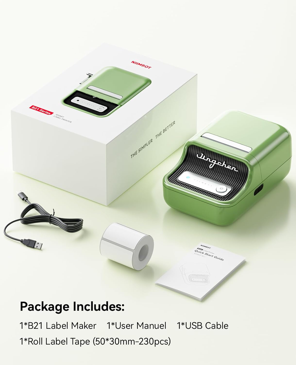 B21 Label Maker Inkless Bluetooth Label Printer, 2 Inch Portable Thermal Sticker Machine for Small Business, Address, Logo, Clothing, Mailing, Candles, Jewelry, Sticker Printer for Gift, Green