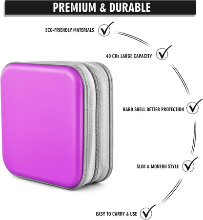CD Case, Dvds Wallet Holder, CD/DVD Case Wallet 40 Discs Heavy Duty Bag Binder Storage Booklet Album (Puple)