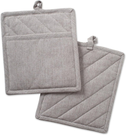 100% Cotton Solid Chambray Kitchen Set, Potholders, Stone, 2 Piece