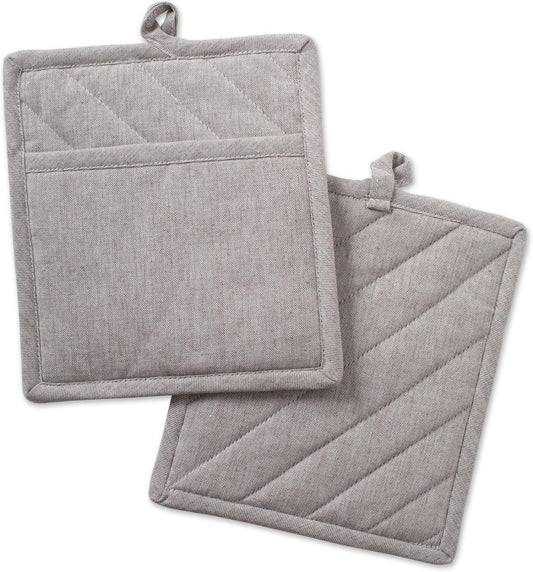 100% Cotton Solid Chambray Kitchen Set, Potholders, Stone, 2 Piece