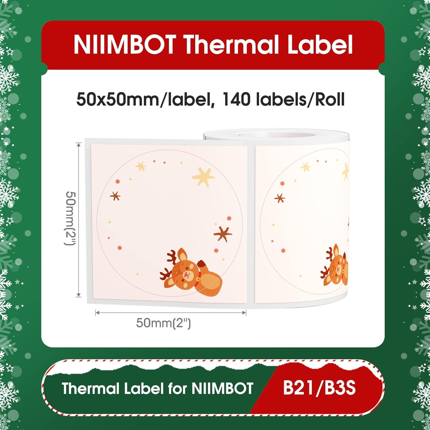 B21 Christmas Labels B1 round Label Tape Christmas Label Maker Tape for Christmas Gift/Party/Mailing, 1.97" X 1.97" (50X50 Mm) 140 Labels/Roll, round Christmas Label Maker Tape