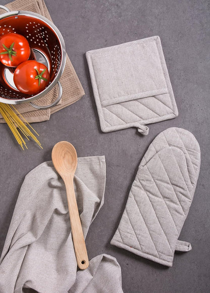 100% Cotton Solid Chambray Kitchen Set, Potholders, Stone, 2 Piece