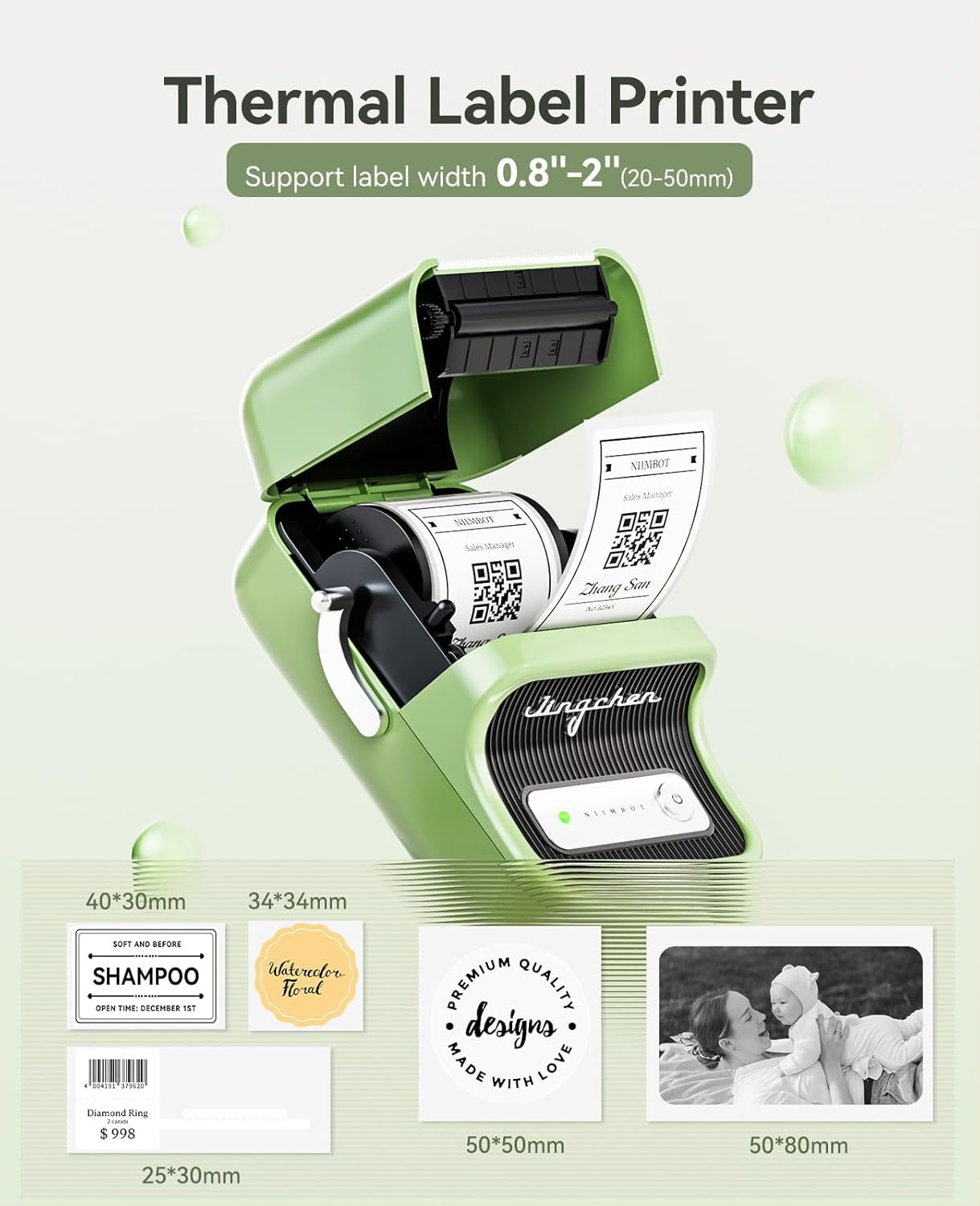 B21 Label Maker Inkless Bluetooth Label Printer, 2 Inch Portable Thermal Sticker Machine for Small Business, Address, Logo, Clothing, Mailing, Candles, Jewelry, Sticker Printer for Gift, Green