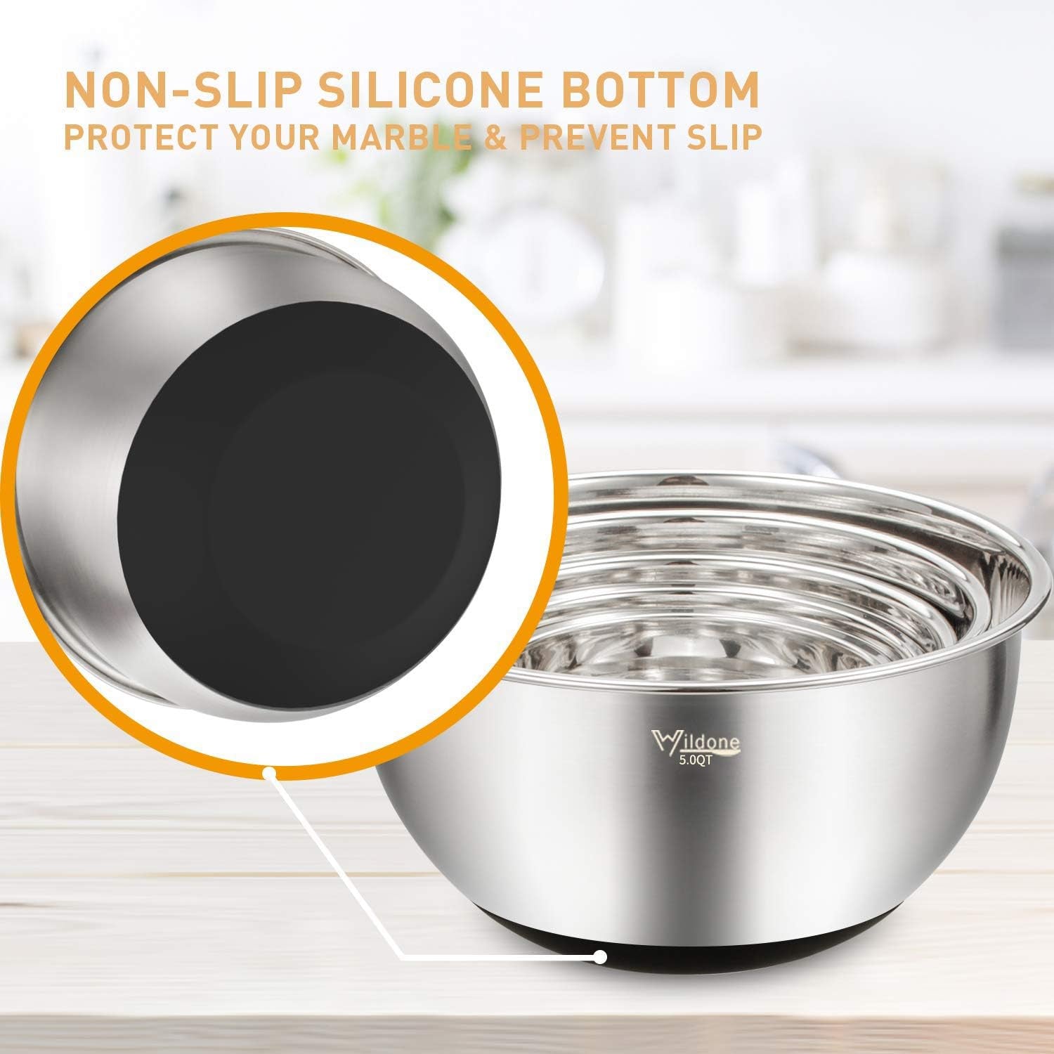 Mixing Bowls with Airtight Lids Set, 5PCS Stainless Steel Nesting Bowls for Kitchen, with Grater Attachments & Non-Slip Bottoms, Size 5, 3, 2, 1.5, 0.63 QT, Great for Mixing & Serving