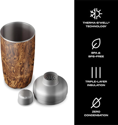 Stainless Steel Shaker Set with Jigger, 18Oz, Teakwood, Triple Layered Vacuum Insulated Container Keeps Cocktails Colder for Longer, BPA Free Barware